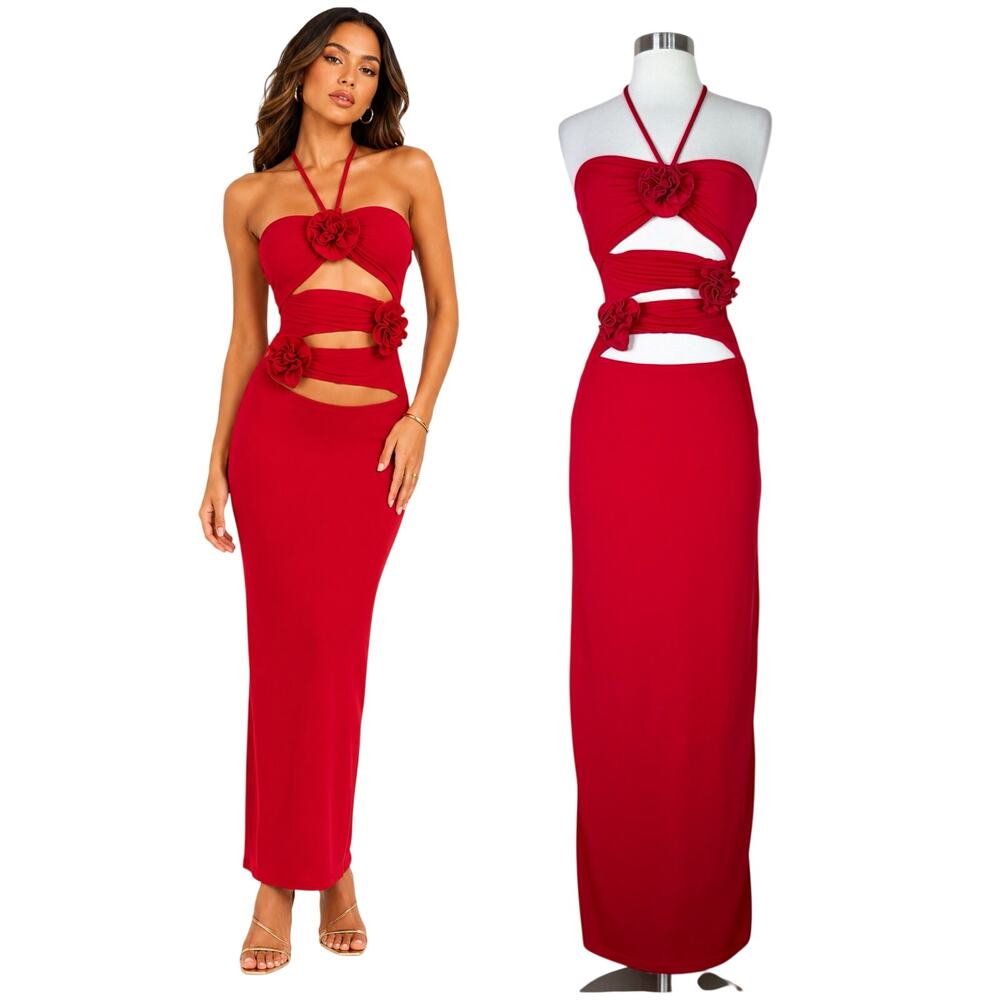 White Fox | What A Girl Wants Red Rosette Cutout Sexy Halter Maxi Dress Small S